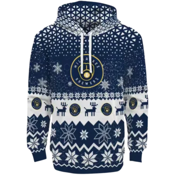 Milwaukee Brewers Navy Blue Hoodie with Reindeer Design