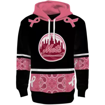 New York Mets Black Pink Awareness Ribbon Hoodie