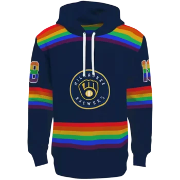 Custom Milwaukee Brewers Navy Blue Hoodie with Rainbow Stripes