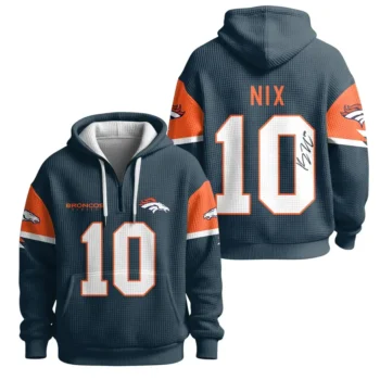 Nfl Denver Broncos Quarter Zip Waffle Hoodie Bo Nix Autographed 1