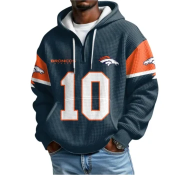 Nfl Denver Broncos Quarter Zip Waffle Hoodie Bo Nix Autographed 2