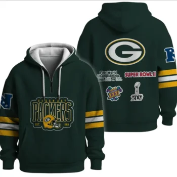 Nfl Green Bay Packers Quarter Zip Waffle Hoodie Super Bowl Champions Green 1
