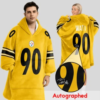 Nfl Pittsburgh Steelers Blanket Hoodie Tj Watt Autographed Yellow 1