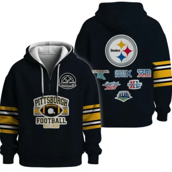 Nfl Pittsburgh Steelers Quarter Zip Waffle Hoodie Super Bowl Champions Black 1