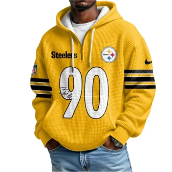 Nfl Pittsburgh Steelers Quarter Zip Waffle Hoodie Tj Watt Autographed 2
